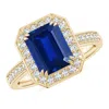 Angara Lab-grown Emerald-cut Blue Sapphire Engagement Ring With Lab Diamond Halo In Yellow Gold/deep Rich Blue
