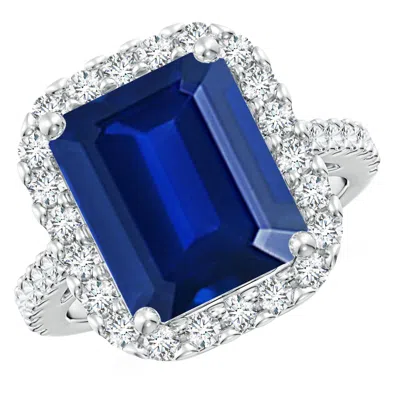Angara Lab-grown Emerald-cut Blue Sapphire Halo Ring In Metallic