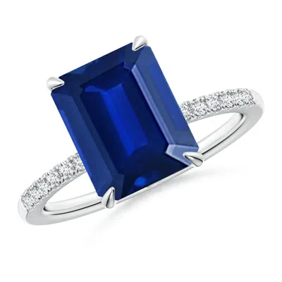 Angara Lab-grown Emerald-cut Blue Sapphire Hidden Halo Engagement Ring In Metallic