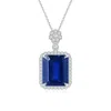 Angara Lab-grown Emerald Cut Blue Sapphire Pendant With Floral Bale In White Gold/deep Rich Blue