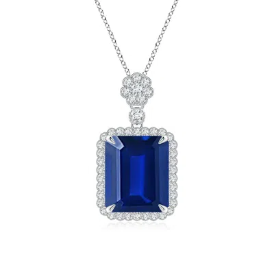 Angara Lab-grown Emerald Cut Blue Sapphire Pendant With Floral Bale