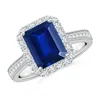 Angara Lab-grown Emerald-cut Blue Sapphire Reverse Tapered Shank Halo Engagement Ring In White Gold/deep Rich Blue