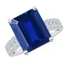 Angara Lab-grown Emerald-cut Blue Sapphire Ring With Diamond Accents In White Gold/deep Rich Blue