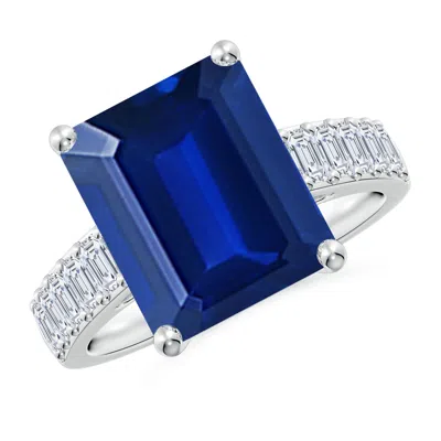 Angara Lab-grown Emerald-cut Blue Sapphire Ring With Diamond Accents In Metallic