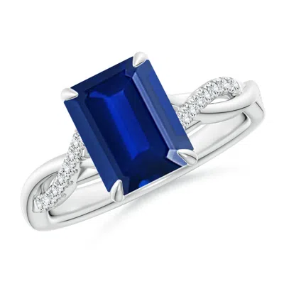Angara Lab-grown Emerald-cut Blue Sapphire Twisted Shank Engagement Ring In Metallic