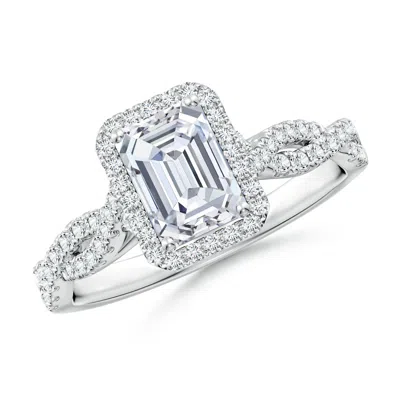 Angara Lab-grown Emerald-cut Diamond Halo Twisted Shank Engagement Ring In Metallic