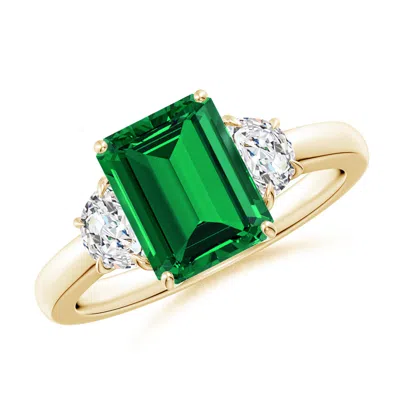 Angara Lab-grown Emerald-cut Emerald And Half Moon Lab Diamond Three Stone Ring In Gold