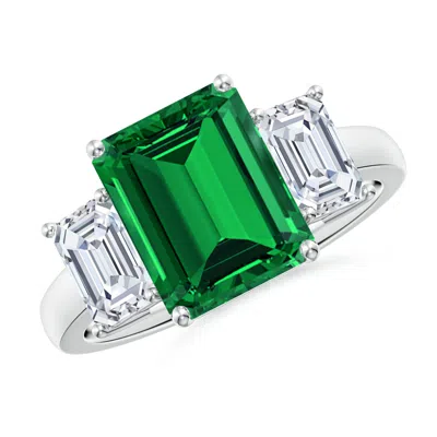 Angara Lab-grown Emerald-cut Emerald And Lab Diamond Three Stone Ring In Metallic