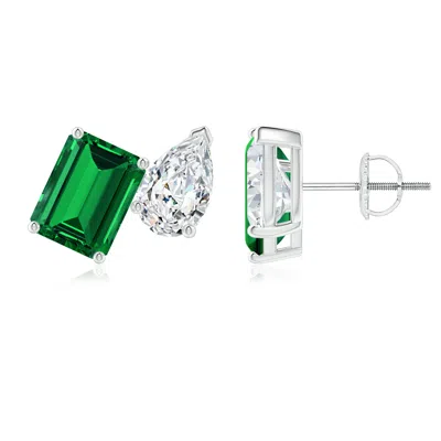 Angara Lab-grown Emerald-cut Emerald And Pear Diamond Two Stone Earrings In Green