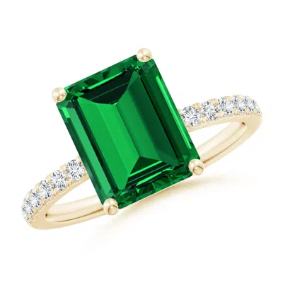 Angara Lab-grown Emerald-cut Emerald Engagement Ring With Diamonds In Gold