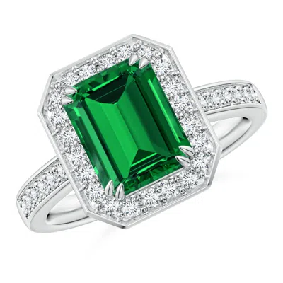 Angara Lab-grown Emerald-cut Emerald Engagement Ring With Lab Diamond Halo In Green
