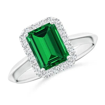 Angara Lab-grown Emerald-cut Emerald Halo Knife-edge Shank Engagement Ring In Green