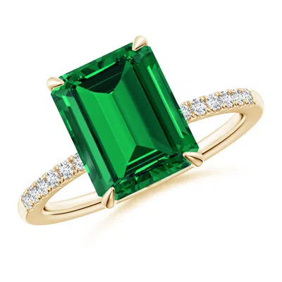 Angara Lab-grown Emerald-cut Emerald Hidden Halo Engagement Ring In Gold