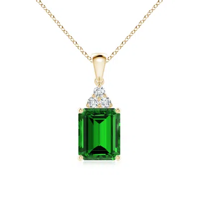 Angara Lab-grown Emerald-cut Emerald Pendant With Lab Diamond Trio In Gold