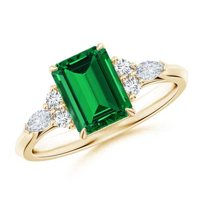 Angara Lab-grown Emerald-cut Emerald Side Stone Engagement Ring With Diamonds In Gold