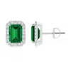 Angara Lab-grown Emerald-cut Emerald Stud Earrings With Lab Diamond Halo In White Gold/rich Green