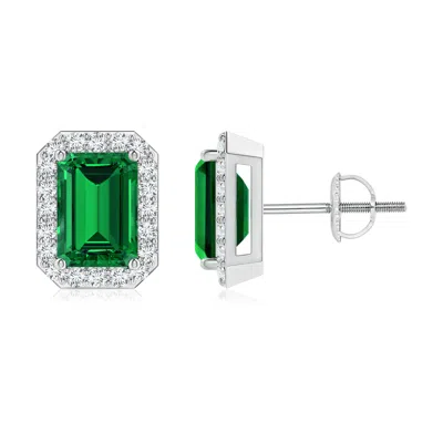 Angara Lab-grown Emerald-cut Emerald Stud Earrings With Lab Diamond Halo In Green