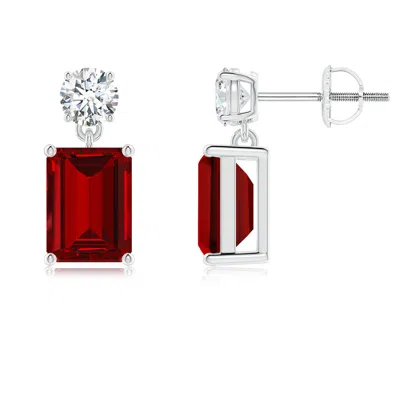 Angara Lab-grown Emerald-cut Ruby Drop Earrings With Lab Diamond In Red