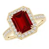 Angara Lab-grown Emerald-cut Ruby Engagement Ring With Lab Diamond Halo In Yellow Gold/deep Rich Red