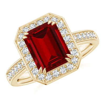 Angara Lab-grown Emerald-cut Ruby Engagement Ring With Lab Diamond Halo In Gold