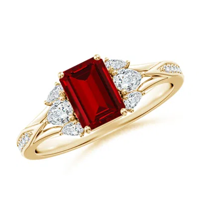 Angara Lab-grown Emerald-cut Ruby Engagement Ring With Lab Pear Diamonds In Gold