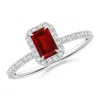 Angara Lab-grown Emerald-cut Ruby Halo Engagement Ring In White Gold/deep Rich Red
