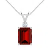 Angara Lab-grown Emerald-cut Ruby Solitaire Pendant With Diamond In White Gold/deep Rich Red