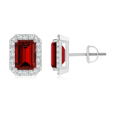 Angara Lab-grown Emerald-cut Ruby Stud Earrings With Lab Diamond Halo In Metallic