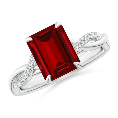 Angara Lab-grown Emerald-cut Ruby Twisted Shank Engagement Ring In Metallic