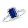 Angara Lab-grown Emerald-cut Sapphire Ring With Diamond Halo In White Gold/deep Rich Blue