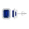 Angara Lab-grown Emerald-cut Sapphire Stud Earrings With Lab Diamond Halo In White Gold/deep Rich Blue