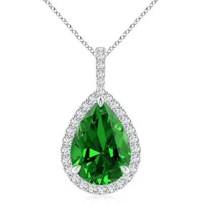 Angara Lab-grown Emerald Teardrop Pendant With Diamond Halo In Green