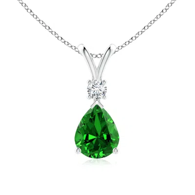 Angara Lab-grown Emerald Teardrop Pendant With Lab Diamond In Metallic