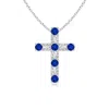 Angara Lab-grown Flat Prong-set Blue Sapphire And Diamond Cross Pendant In White Gold/deep Rich Blue