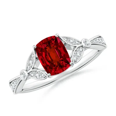 Angara Lab-grown Nature-inspired Cushion Rectangular Ruby Engagement Ring With Leaf Motifs In Metallic