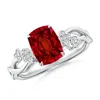 Angara Lab-grown Nature-inspired Cushion Rectangular Ruby Floral Engagement Ring In White Gold/deep Rich Red