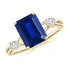 Angara Lab-grown Nature Inspired Emerald-cut Blue Sapphire Side Stone Engagement Ring In Yellow Gold/deep Rich Blue