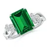 Angara Lab-grown Nature-inspired Emerald-cut Emerald Floral Engagement Ring In White Gold/rich Green