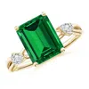 Angara Lab-grown Nature Inspired Emerald-cut Emerald Side Stone Engagement Ring In Yellow Gold/rich Green