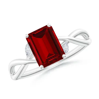 Angara Lab-grown Nature-inspired Emerald-cut Ruby Hidden Halo Engagement Ring In Metallic