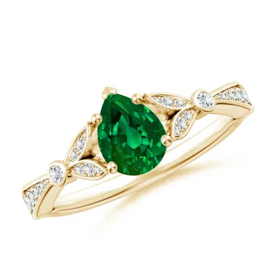 Angara Lab-grown Nature-inspired Pear Emerald Engagement Ring With Leaf Motifs In Gold