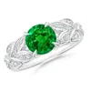 Angara Lab-grown Nature Inspired Round Emerald Leaf Shank Ring In White Gold/rich Green