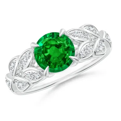 Angara Lab-grown Nature Inspired Round Emerald Leaf Shank Ring In Metallic