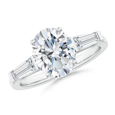 Angara Lab-grown Oval And Tapered Baguette Diamond Side Stone Engagement Ring In Metallic
