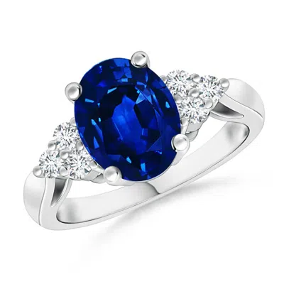 Angara Lab-grown Oval Blue Sapphire Cocktail Ring With Trio Diamond Accents In Metallic