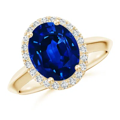 Angara Lab-grown Oval Blue Sapphire Halo Knife-edge Shank Engagement Ring In Gold