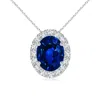 Angara Lab-grown Oval Blue Sapphire Halo Pendant In White Gold/deep Rich Blue