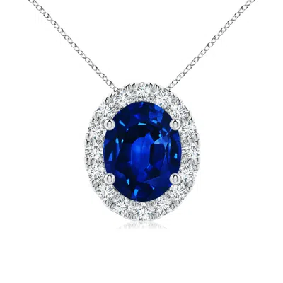 Angara Lab-grown Oval Blue Sapphire Halo Pendant In Metallic
