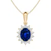 Angara Lab-grown Oval Blue Sapphire Pendant With Floral Halo In Yellow Gold/deep Rich Blue