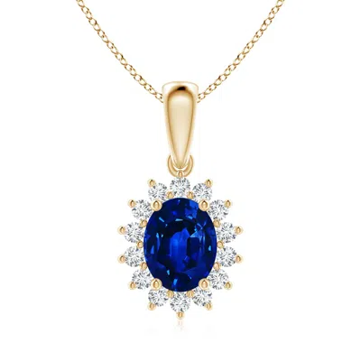 Angara Lab-grown Oval Blue Sapphire Pendant With Floral Halo